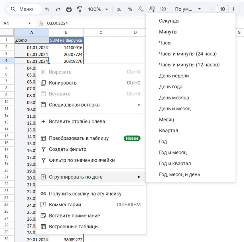 Список комбинаций группировок в Google Sheets
